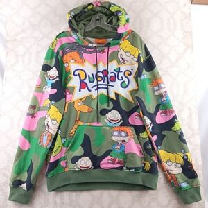 Rugrats Hoodie Men's Medium Green Pink Camo Character All Over Print Nickelodeon